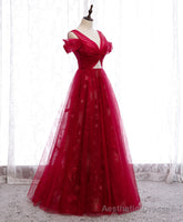 Burgundy V Neck Tulle Lace Long Prom Dress Burgundy Evening Dress